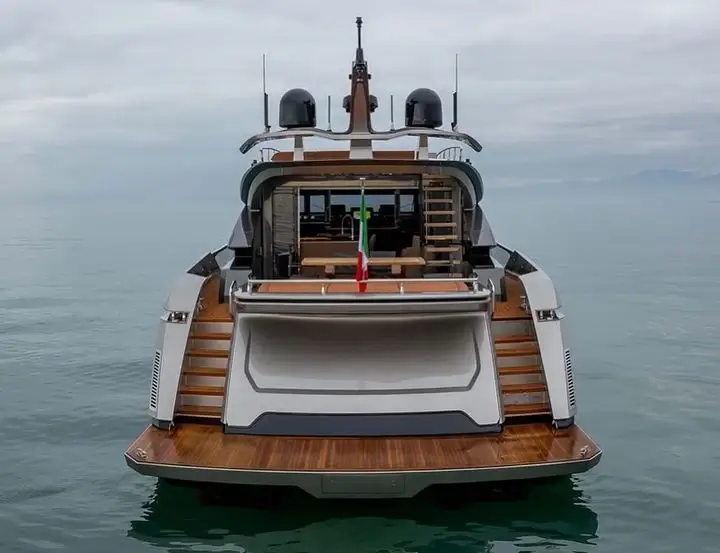 Teak swim platform and stern of a luxury Trail Blazer yacht